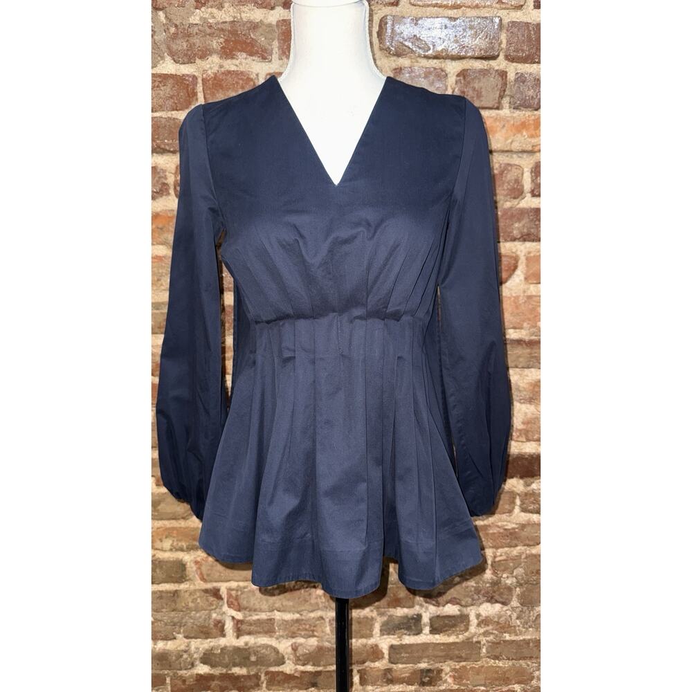 COS Women’s Navy Gathered Pleated Waist Cotton LS Blouse Sz 2 Minimalist EUC - Picture 2 of 10